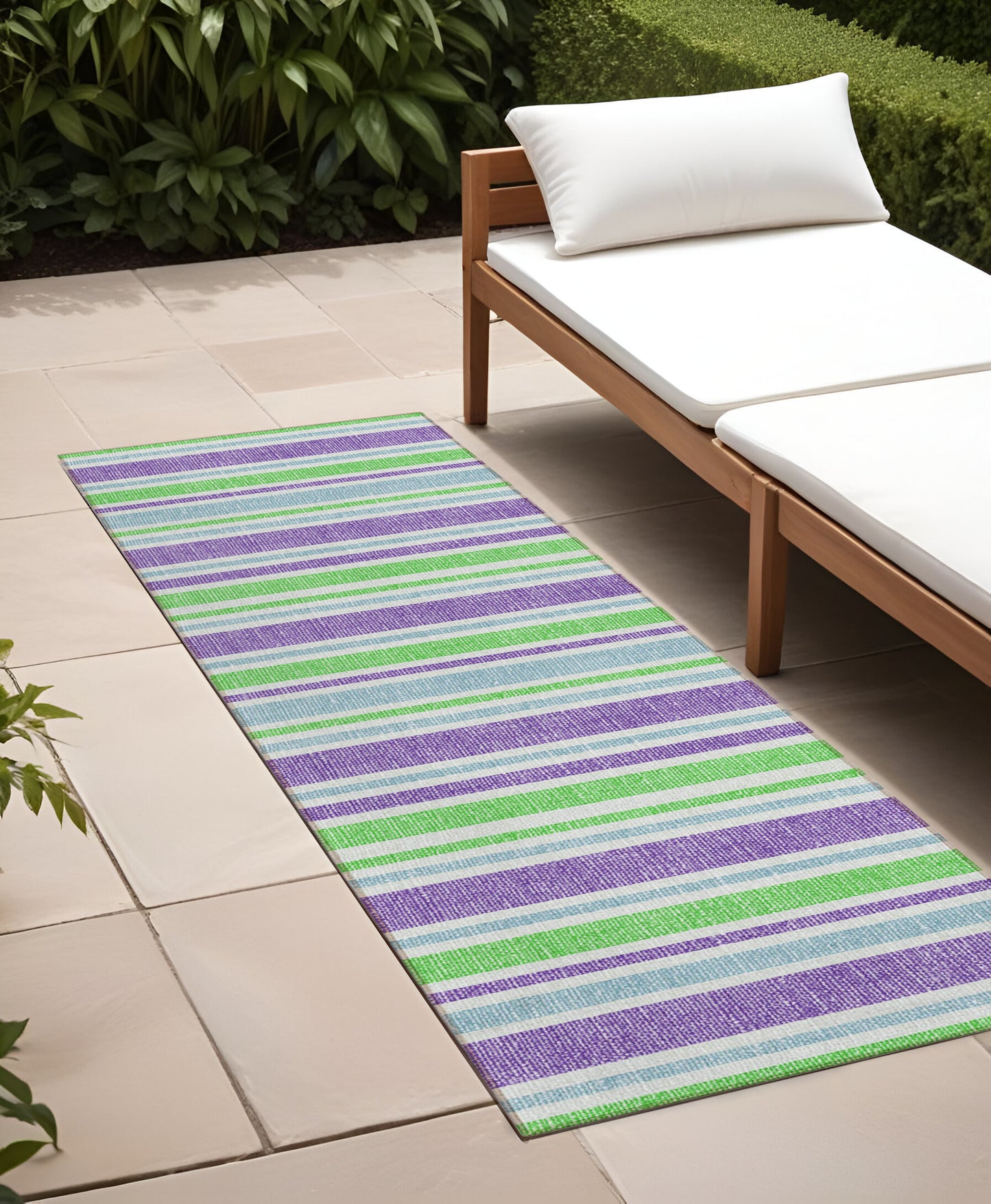 2' X 8' Green Purple and Blue Striped Washable Non Skid Indoor Outdoor Runner Rug