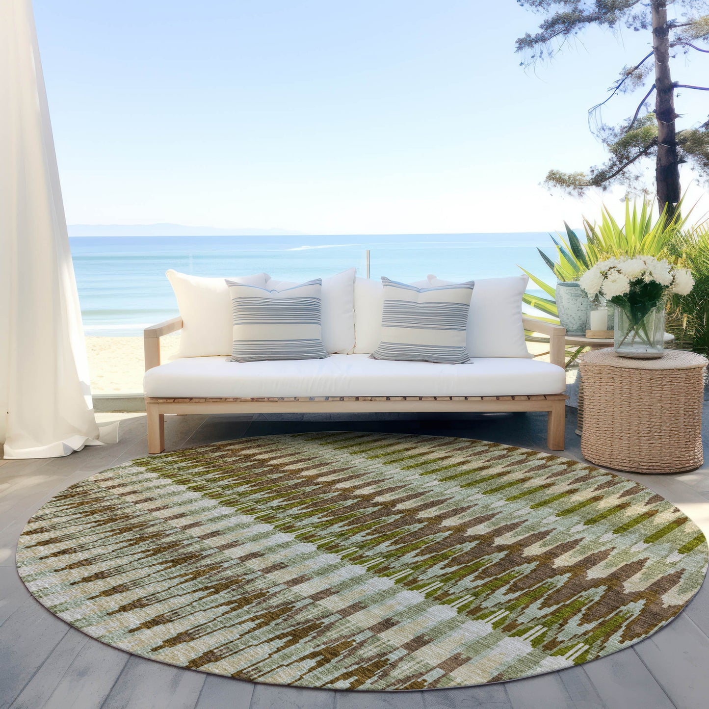 8' Artichoke Green And Brown Round Southwestern Washable Indoor Outdoor Area Rug