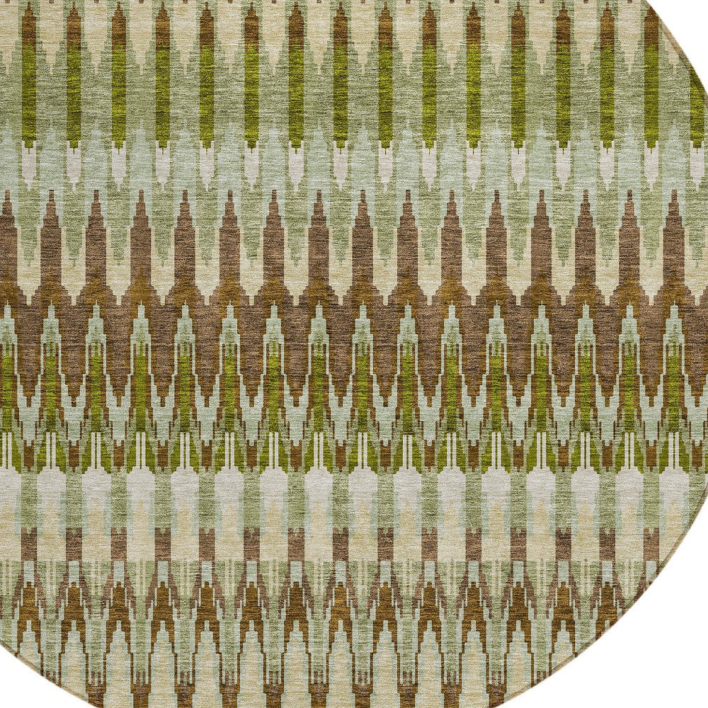 8' Artichoke Green And Brown Round Southwestern Washable Indoor Outdoor Area Rug