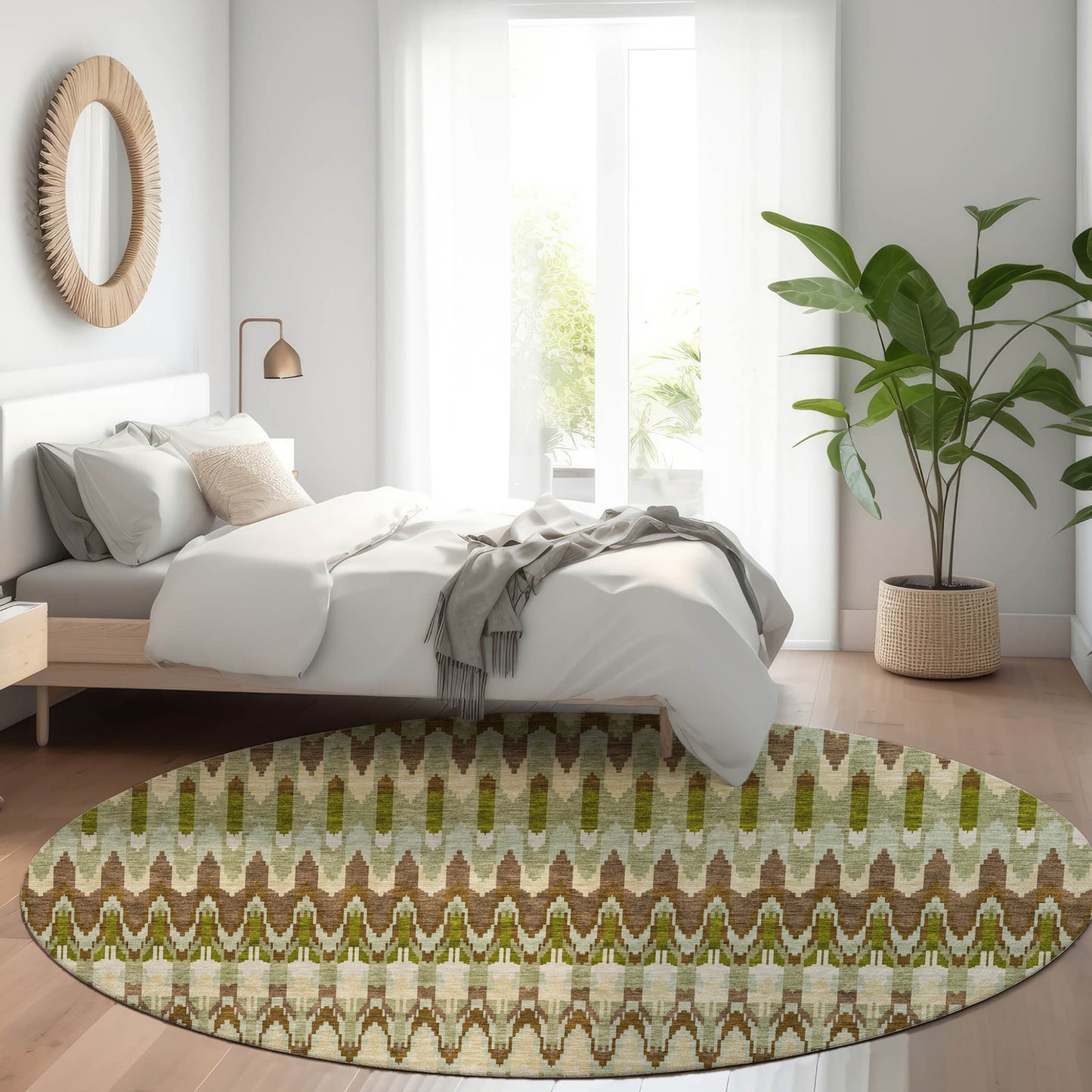 8' Artichoke Green And Brown Round Southwestern Washable Indoor Outdoor Area Rug