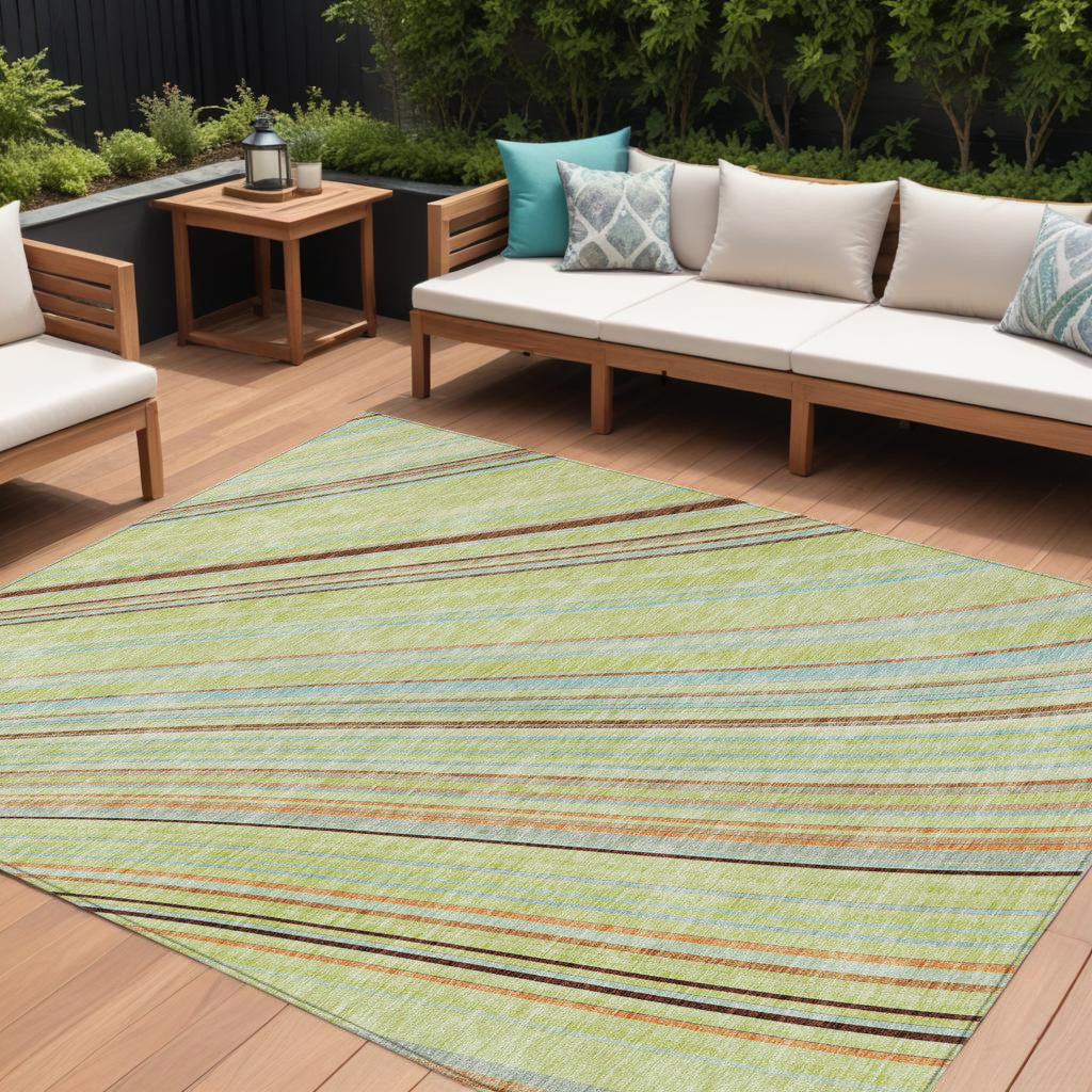 9' X 12' Sage Brown And Sky Blue Striped Washable Indoor Outdoor Area Rug