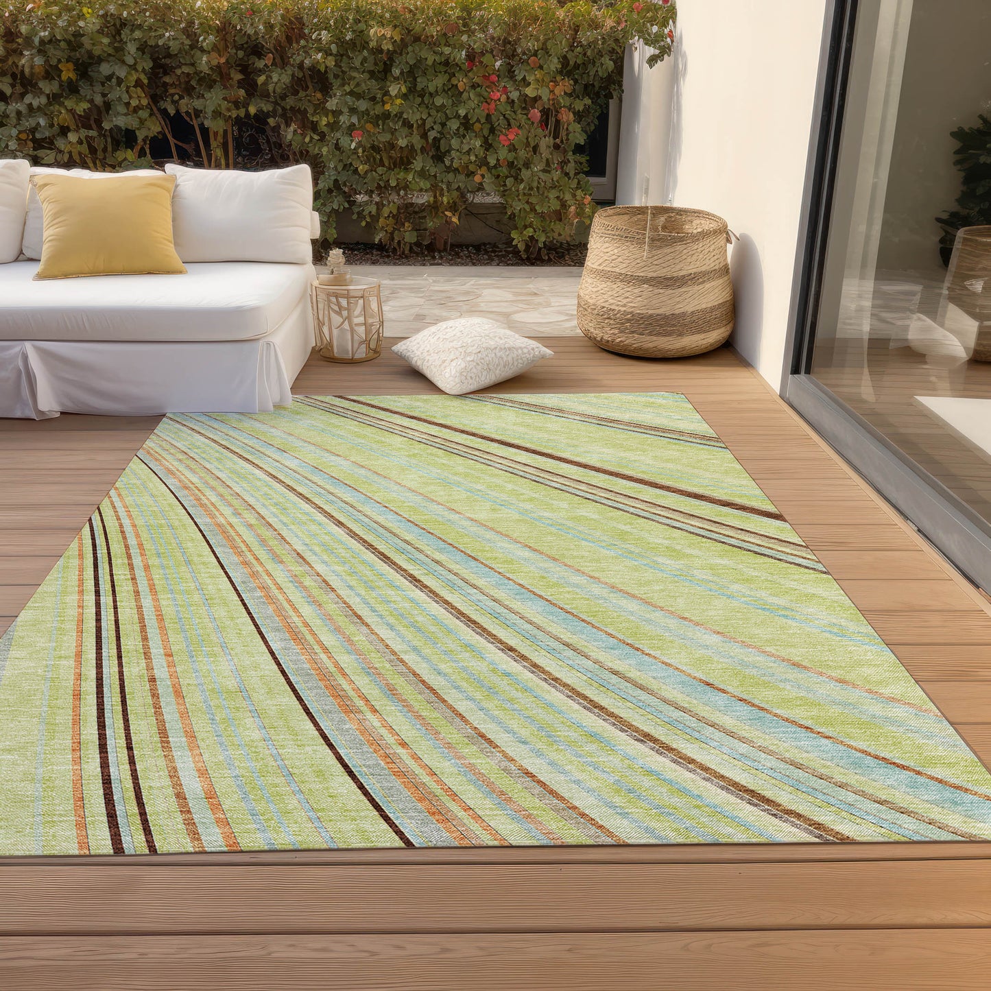 9' X 12' Sage Brown And Sky Blue Striped Washable Indoor Outdoor Area Rug