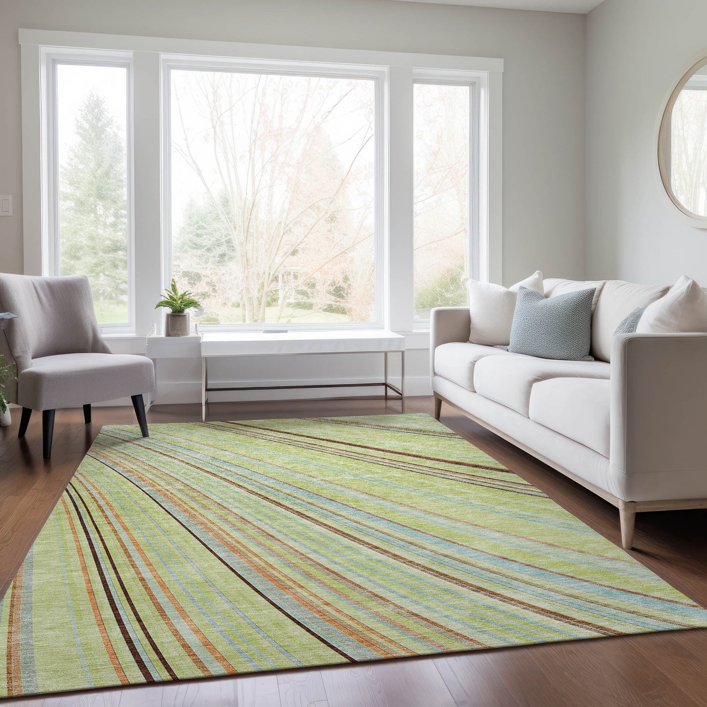 9' X 12' Sage Brown And Sky Blue Striped Washable Indoor Outdoor Area Rug