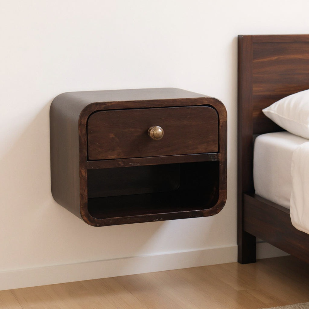 16" Walnut Solid Wood Round One Drawer Floating Nightstand