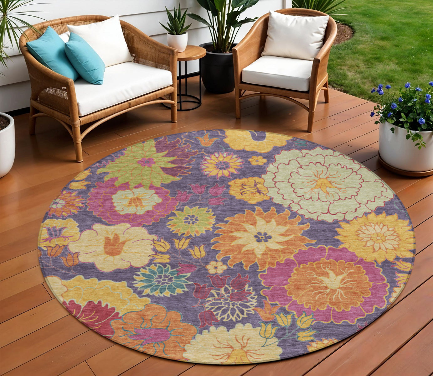 8' Purple Gold And Pink Round Floral Washable Indoor Outdoor Area Rug