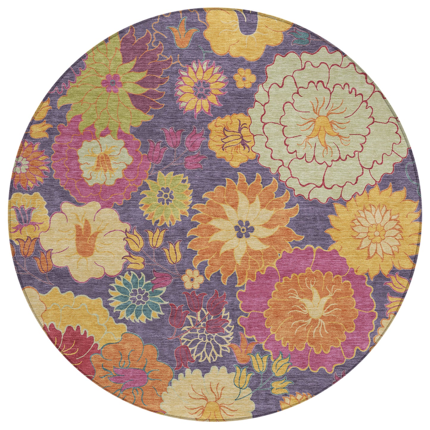 8' Purple Gold And Pink Round Floral Washable Indoor Outdoor Area Rug