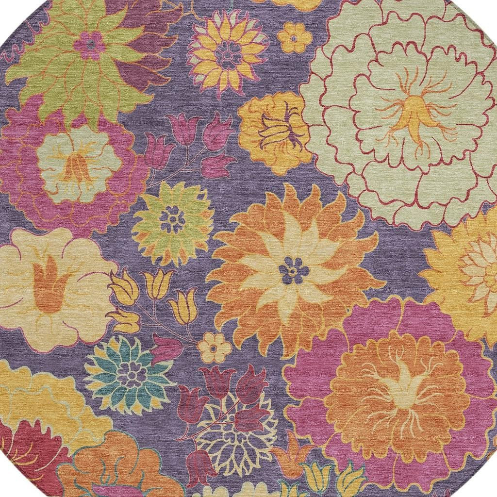 8' Purple Gold And Pink Round Floral Washable Indoor Outdoor Area Rug