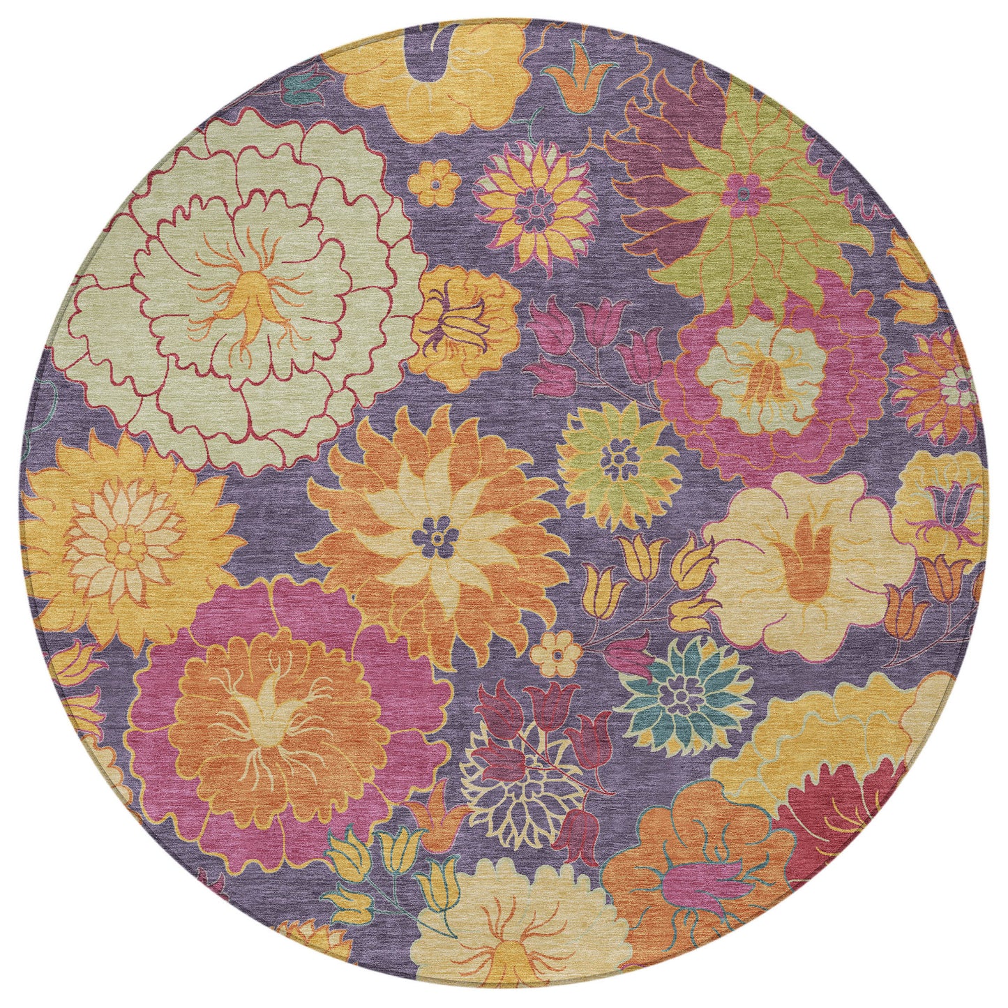8' Purple Gold And Pink Round Floral Washable Indoor Outdoor Area Rug