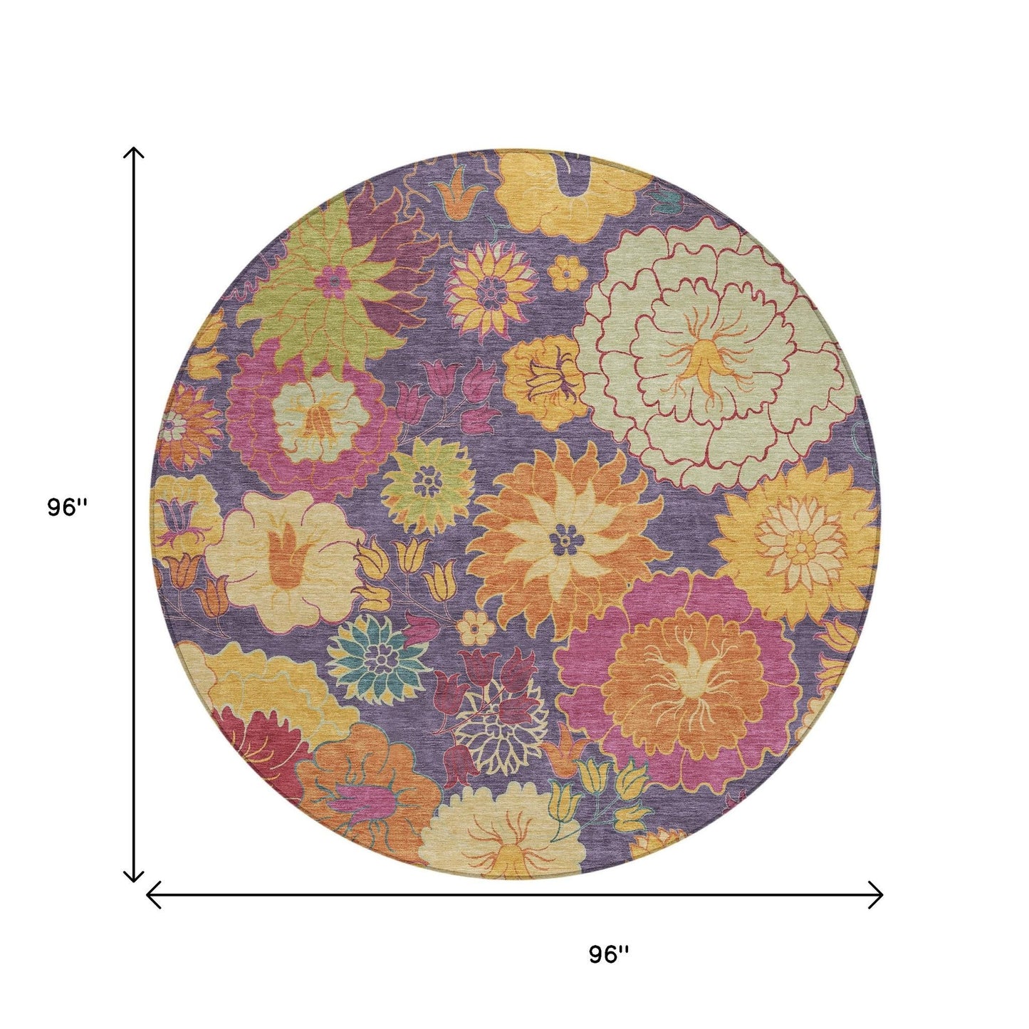 8' Purple Gold And Pink Round Floral Washable Indoor Outdoor Area Rug