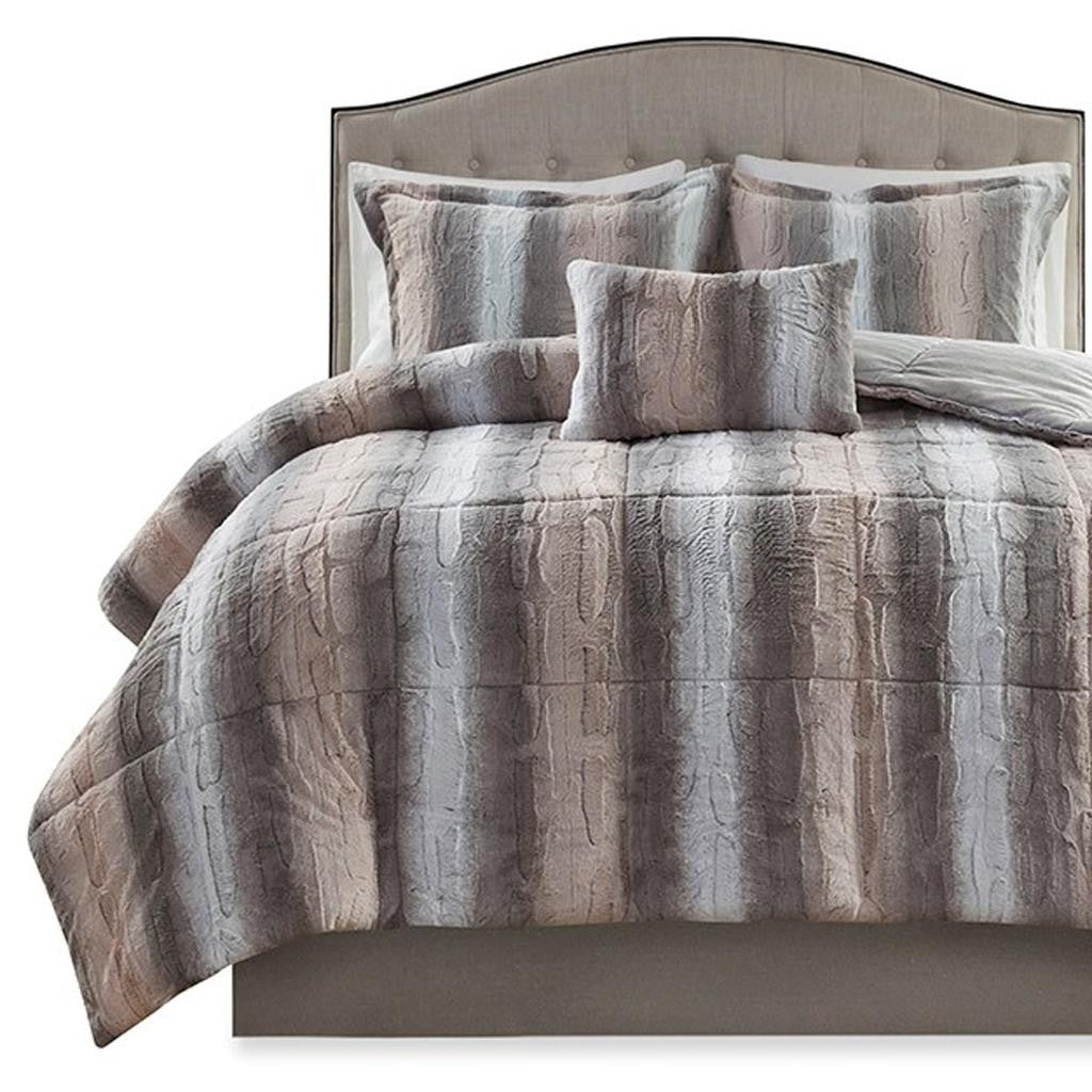 Set of Four Gray And Pink Striped Queen Ring Stitch Polyester Sham And Comforter-5