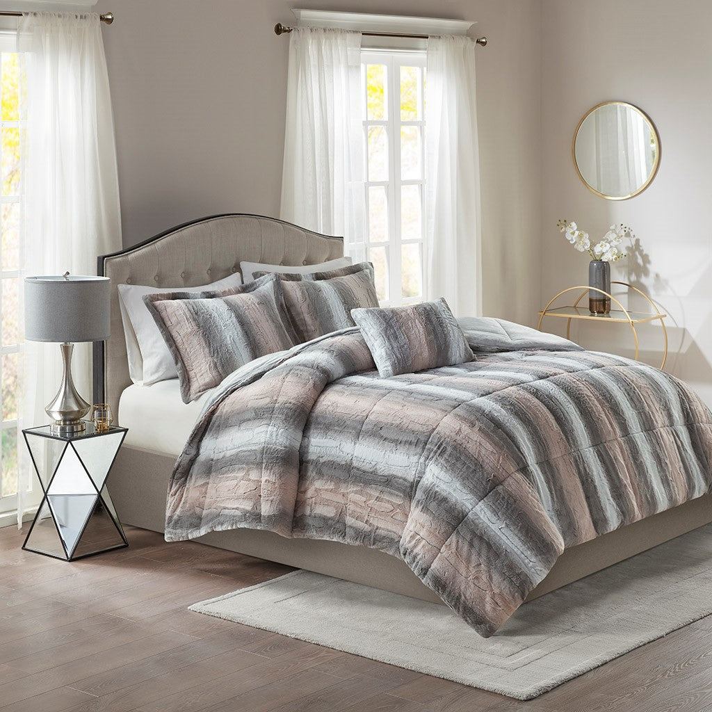 Set of Four Gray And Pink Striped Queen Ring Stitch Polyester Sham And Comforter-8