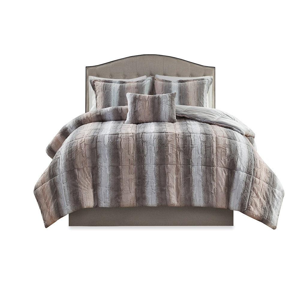 Set of Four Gray And Pink Striped Queen Ring Stitch Polyester Sham And Comforter-1