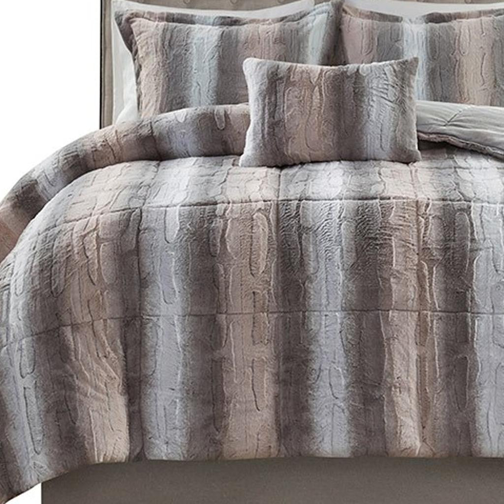 Set of Four Gray And Pink Striped Queen Ring Stitch Polyester Sham And Comforter-4