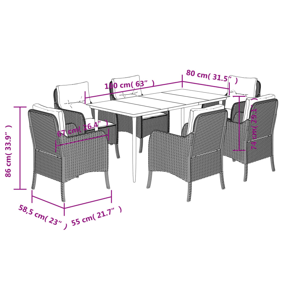 vidaXL 7 Piece Patio Dining Set with Cushions Black Poly Rattan