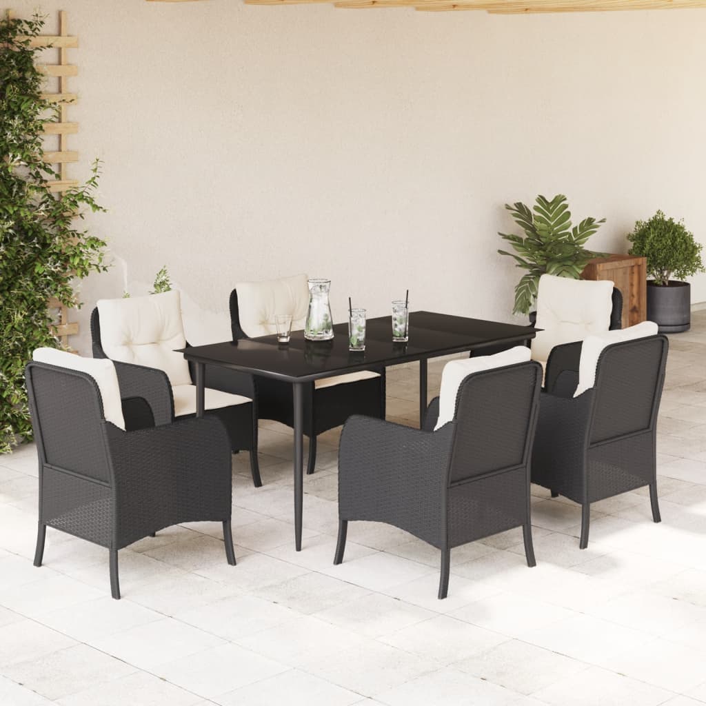 vidaXL 7 Piece Patio Dining Set with Cushions Black Poly Rattan