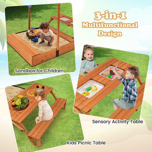 Kids Wooden Sand Box with Foldable Picnic Sensory Table and Bench-Natural
