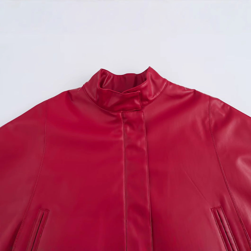 Red Leather-Style Short Cape Jacket For Women, Greenwich Village, BYMANYC New York.