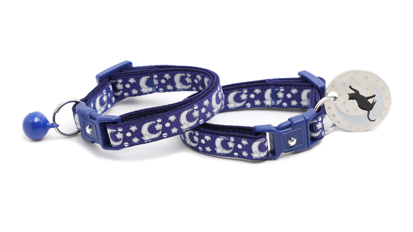 Silver Moons and Stars on Navy Blue Cat Collar