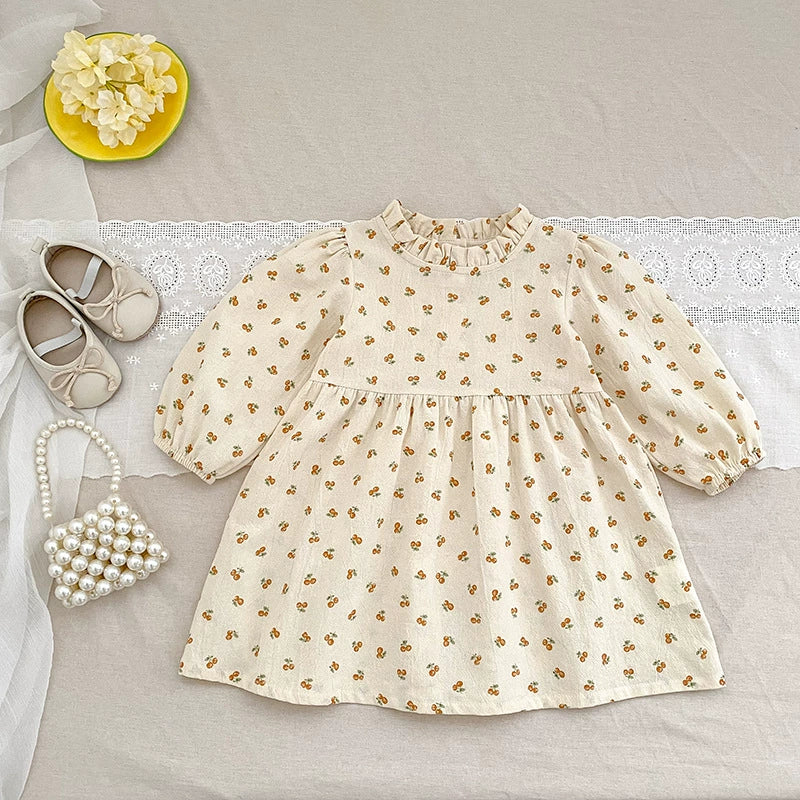 Autumn Baby Girls French-style Flowers Pattern Long Sleeves Onesies and Dress with Ruffle Neck – Princess Sister Matching Set
