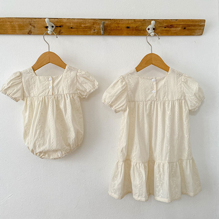 Summer Girls Solid Color Simple Embroidery Square Neck Onesies And Dress β Princess Sister Matching Set