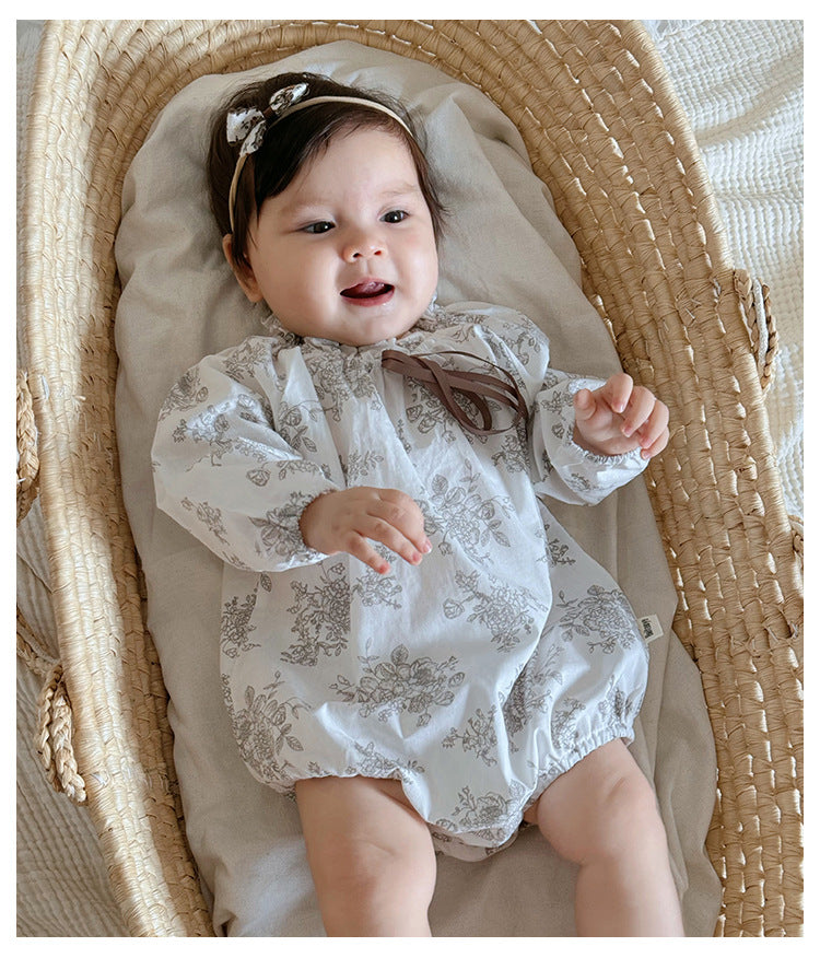 Autumn Arrival Baby Girls Long Sleeves Floral Print Simple Plain Onesies