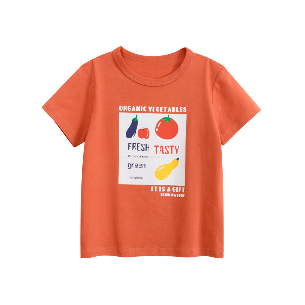 Summer Girls’ Fruits and Letters Pattern Printed T-shirt in European and American Style