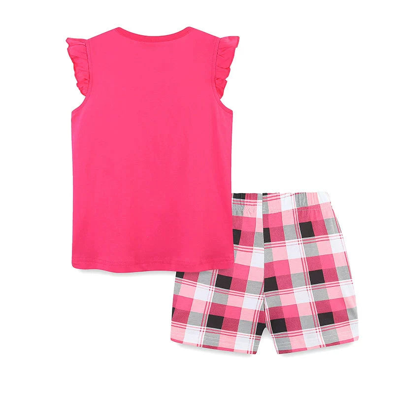 Summer Baby Kids Cute Cartoon and Plaid Pattern Vest and Shorts Clothing Set for Girls