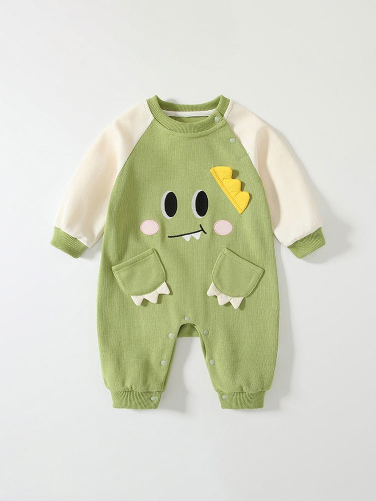 Spring Arrival Baby Cartoon Dragon Pattern Color Patchwork Romper