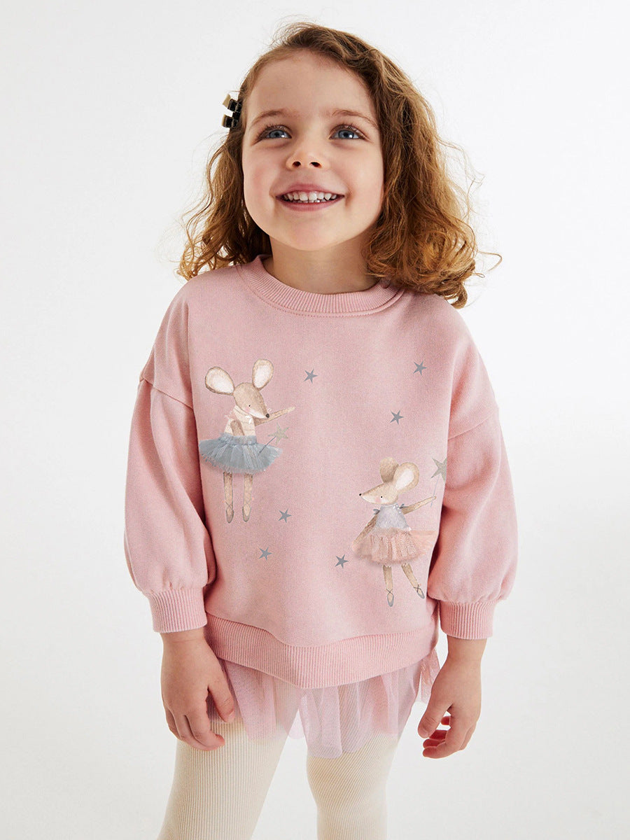 Spring And Autumn Girls Cartoon Dancers Pattern Long Sleeves Crew Neck Top Sweatshirt Design Dress And Pants Clothing Set