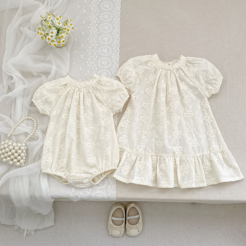 Summer Girls Solid Color Flowers Embroidery Short Sleeves Onesies and Girls’ Dress – Princess Sister Matching Set