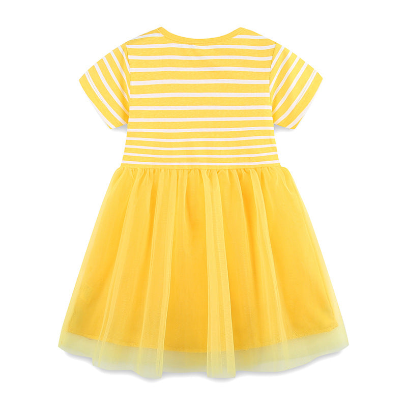 Summer Arrival Baby Girls Cute Rabbits Pattern Tulle Patchwork Short Sleeves Dress