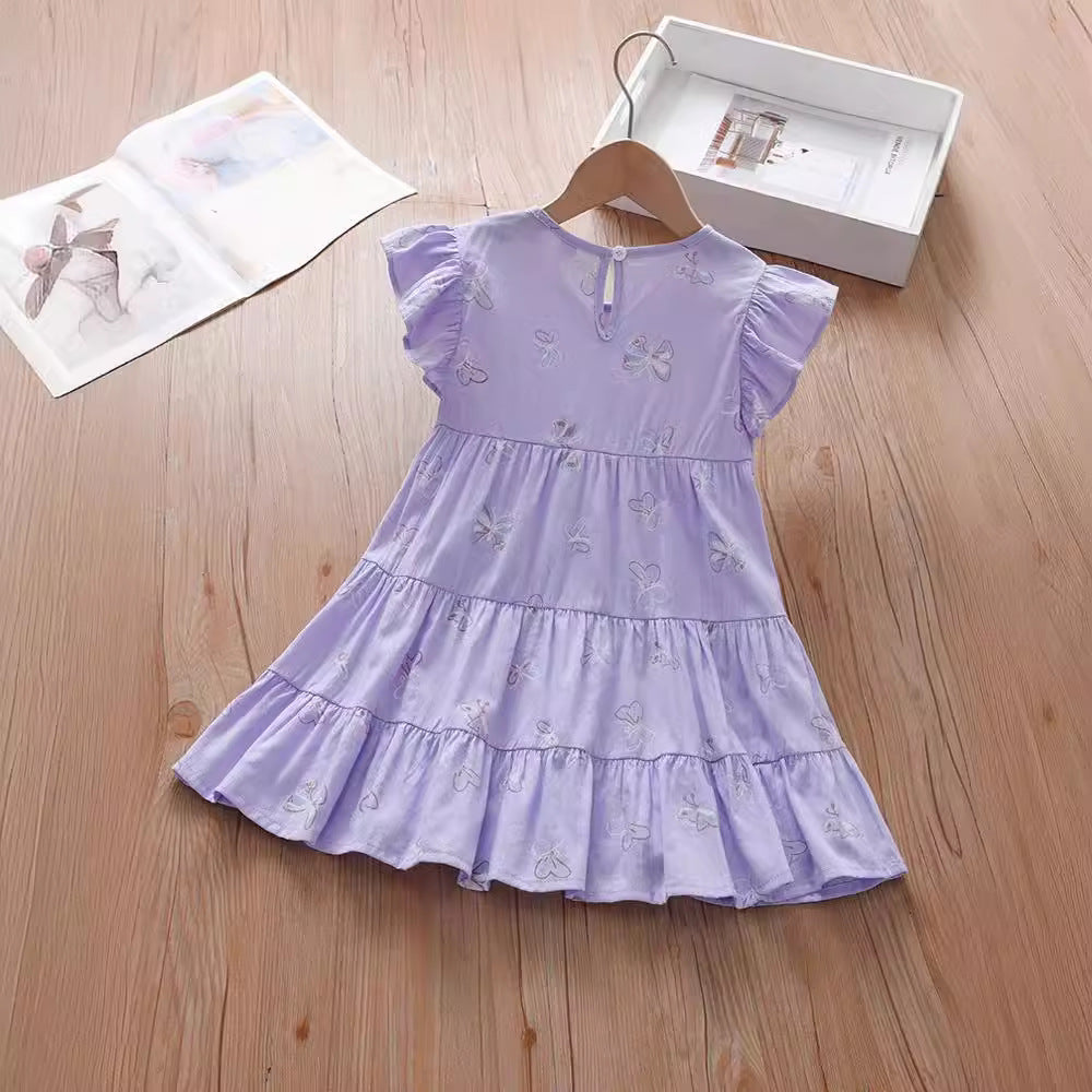 Summer Kids Girls Purple Fly Sleeves Crew Neck Butterfly Print Dress