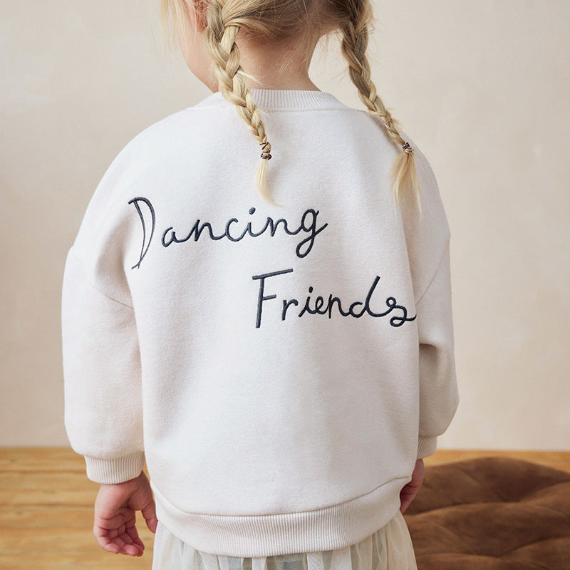 Winter and Autumn Girls Animals Cartoon Pattern Long Sleeves Tulle Decorated Sweatshirt and Plain Pants Clothing Set