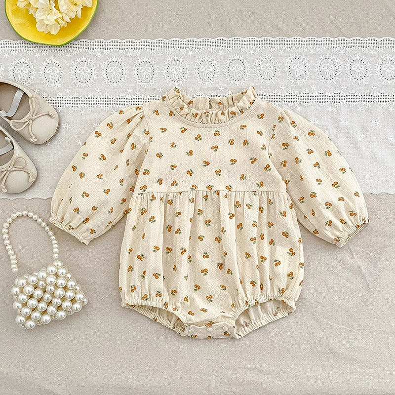 Autumn Baby Girls French-style Flowers Pattern Long Sleeves Onesies and Dress with Ruffle Neck – Princess Sister Matching Set