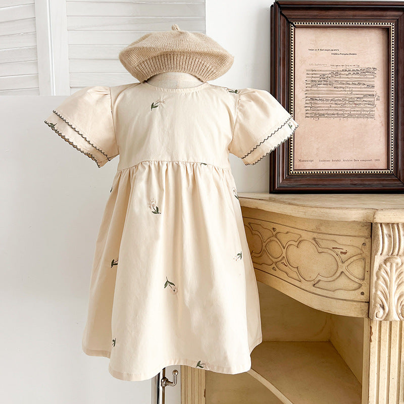 Summer Baby Girls French-style Flowers Embroidery Pattern Short-sleeved Onesies and Dress – Princess Sister Matching