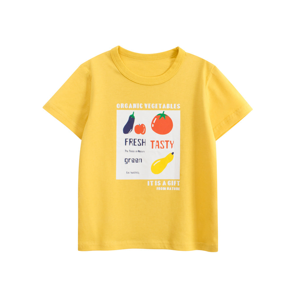 Summer Girls’ Fruits and Letters Pattern Printed T-shirt in European and American Style