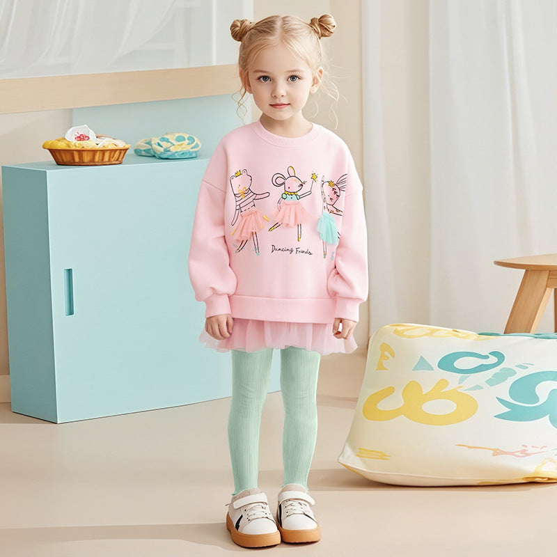 Winter and Autumn Girls Animals Cartoon Pattern Long Sleeves Tulle Decorated Sweatshirt and Plain Pants Clothing Set