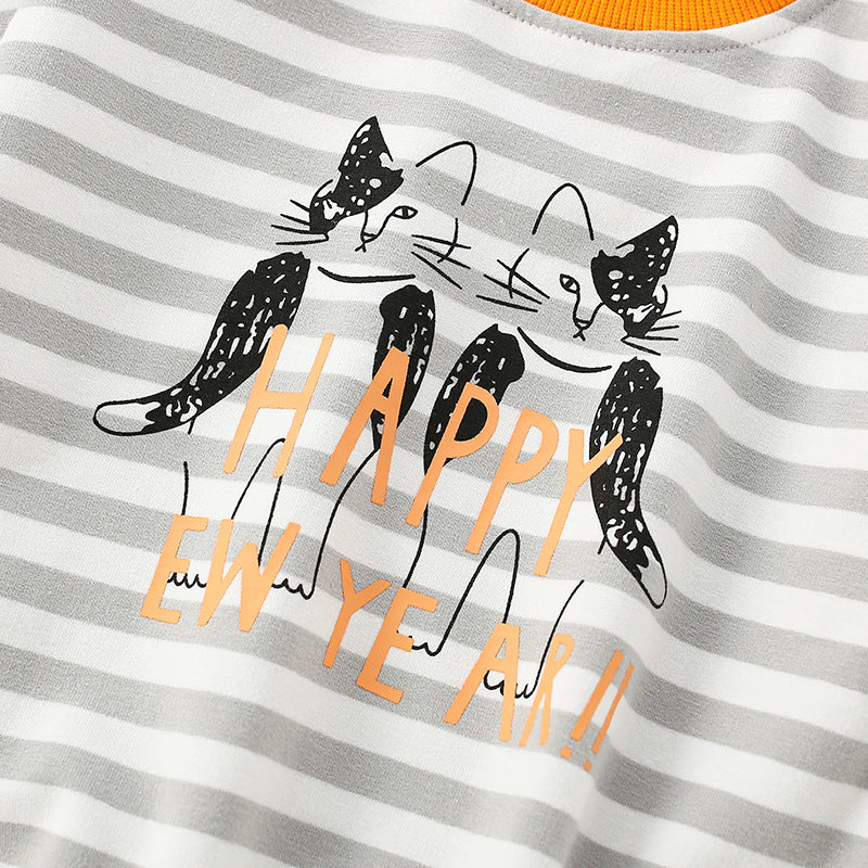 Baby Boy Cartoon Cat & Striped Pattern Colormatching Design Hoodie