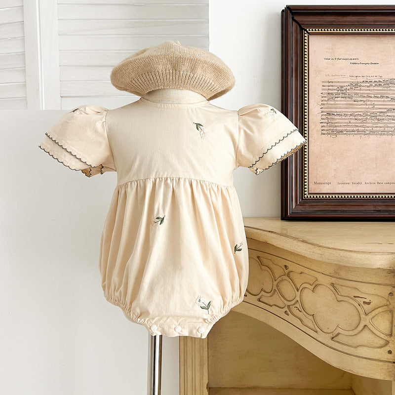 Summer Baby Girls French-style Flowers Embroidery Pattern Short-sleeved Onesies and Dress – Princess Sister Matching
