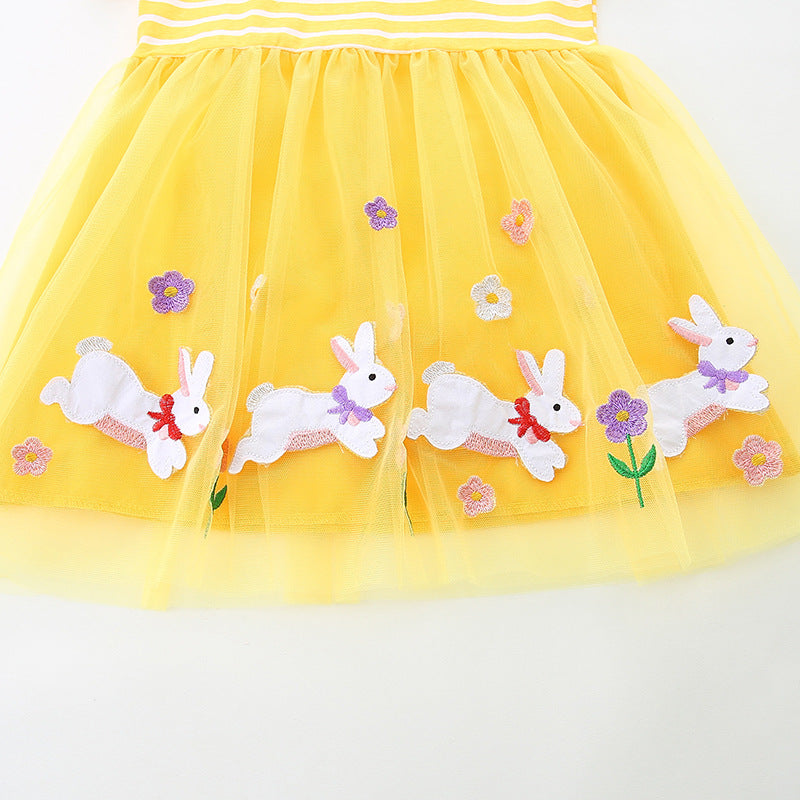 Summer Arrival Baby Girls Cute Rabbits Pattern Tulle Patchwork Short Sleeves Dress