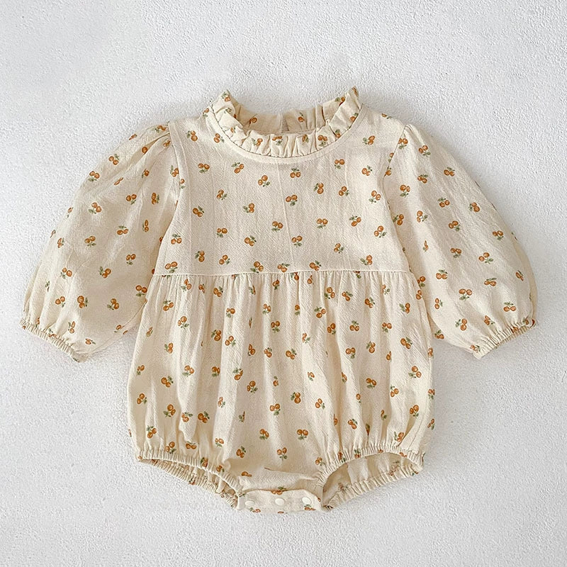 Autumn Baby Girls French-style Flowers Pattern Long Sleeves Onesies and Dress with Ruffle Neck – Princess Sister Matching Set