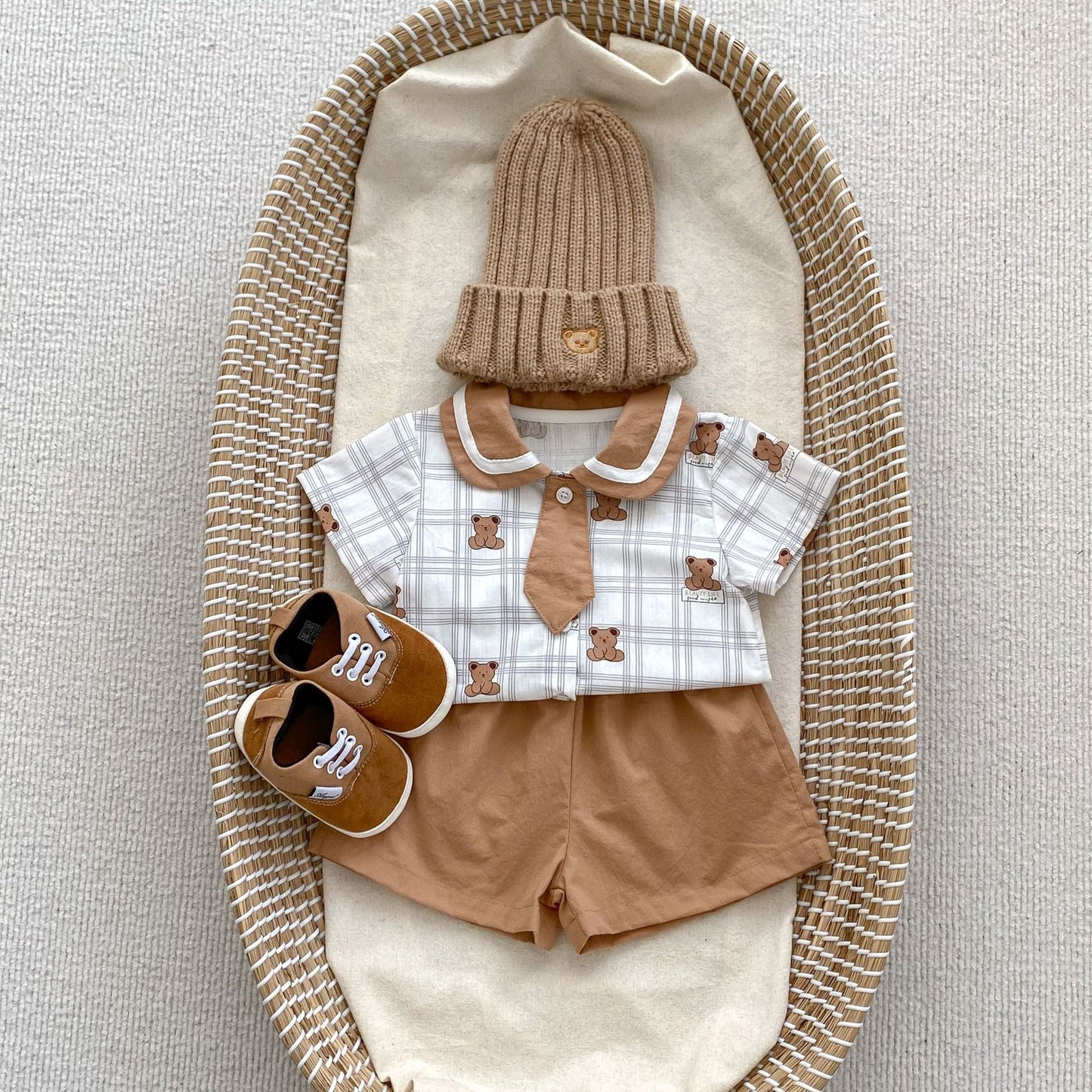 Summer Baby Teddy Pattern Plaid Short-Sleeved Romper And Clothing Sets For Boys – Brother Matching Set