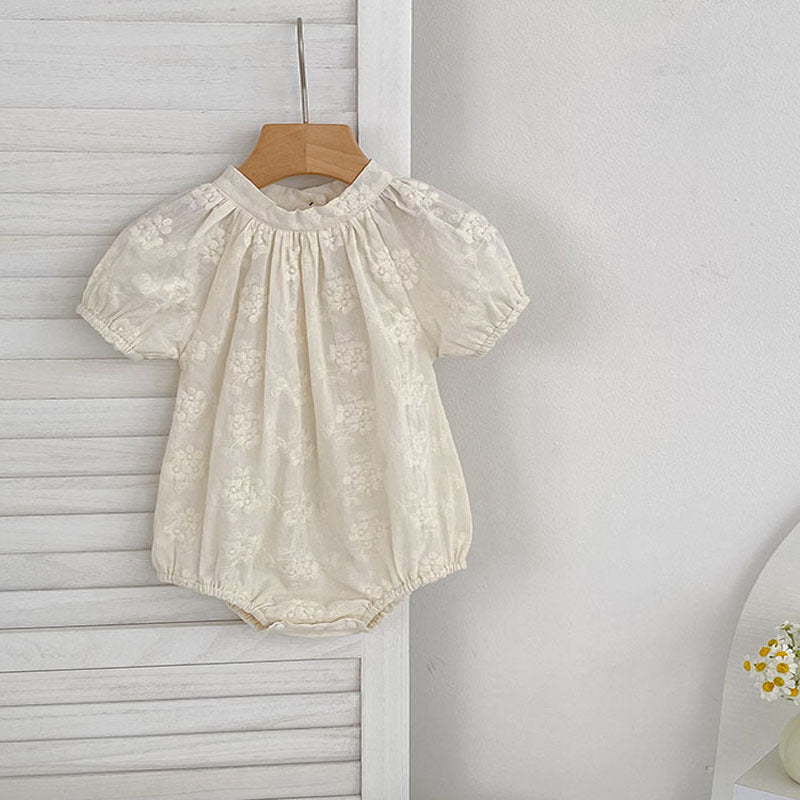 Summer Girls Solid Color Flowers Embroidery Short Sleeves Onesies and Girls’ Dress – Princess Sister Matching Set