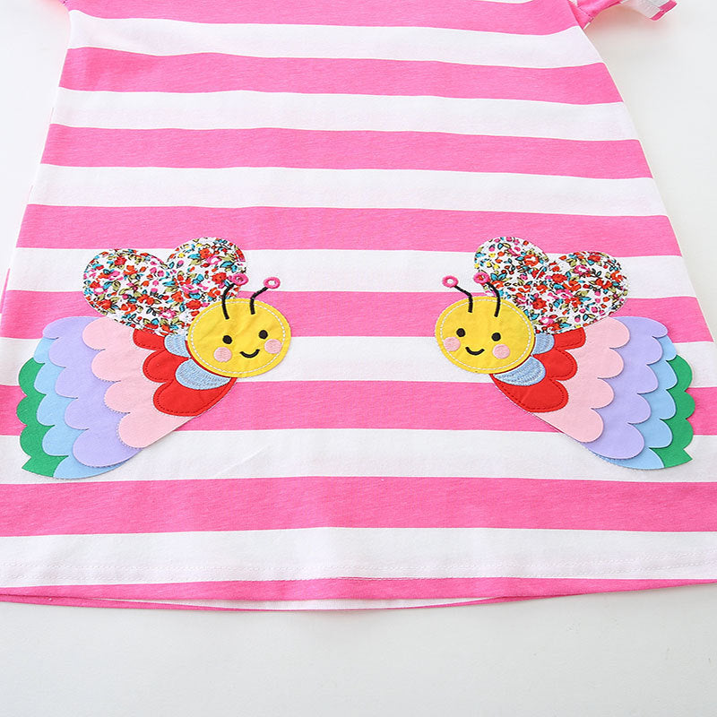 Design Summer Girls Striped and Bees Pattern Short Sleeves Dress