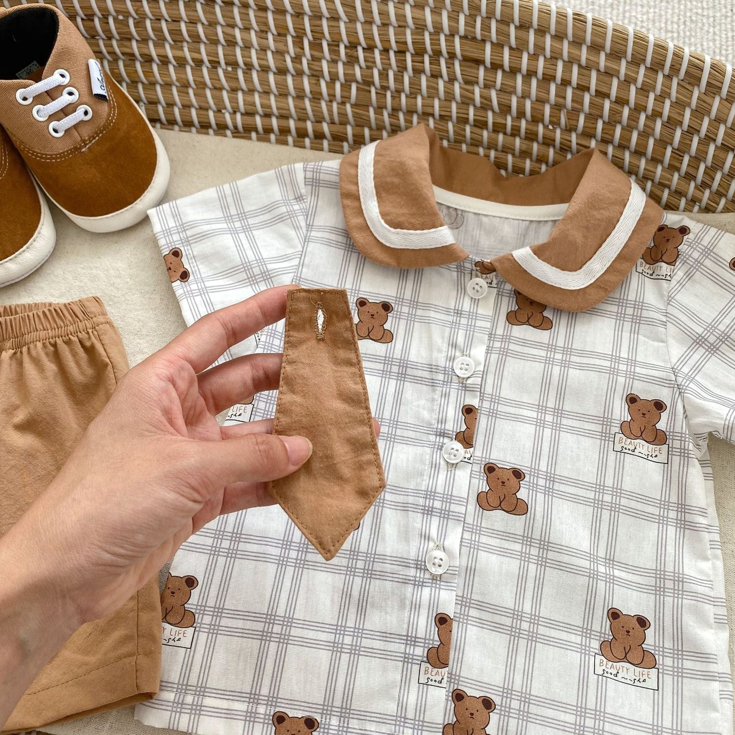 Summer Baby Teddy Pattern Plaid Short-Sleeved Romper And Clothing Sets For Boys – Brother Matching Set