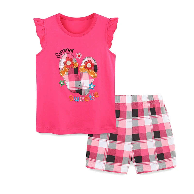 Summer Baby Kids Cute Cartoon and Plaid Pattern Vest and Shorts Clothing Set for Girls