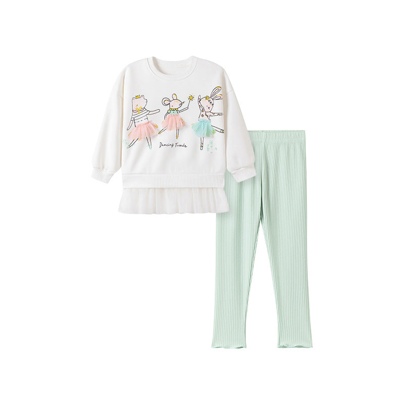 Winter and Autumn Girls Animals Cartoon Pattern Long Sleeves Tulle Decorated Sweatshirt and Plain Pants Clothing Set