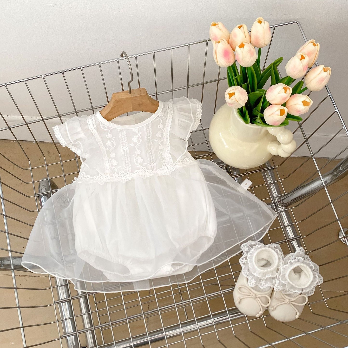 Summer Arrival Baby Girls Flower-Embroidered Fly Sleeves Crew Neck White Onesies Dress