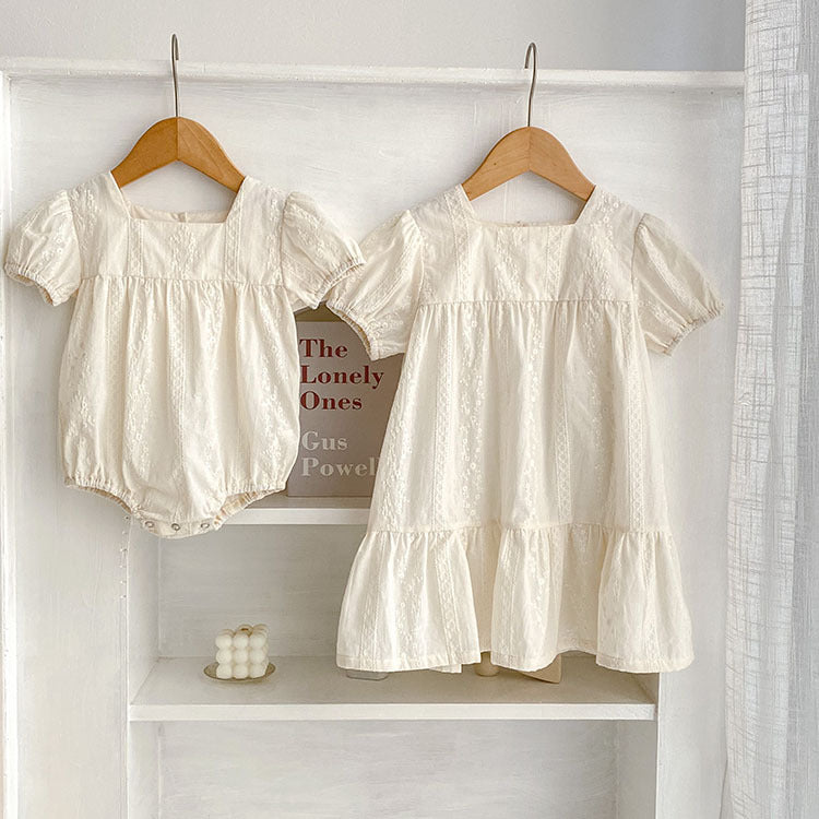 Summer Girls Solid Color Simple Embroidery Square Neck Onesies And Dress β Princess Sister Matching Set