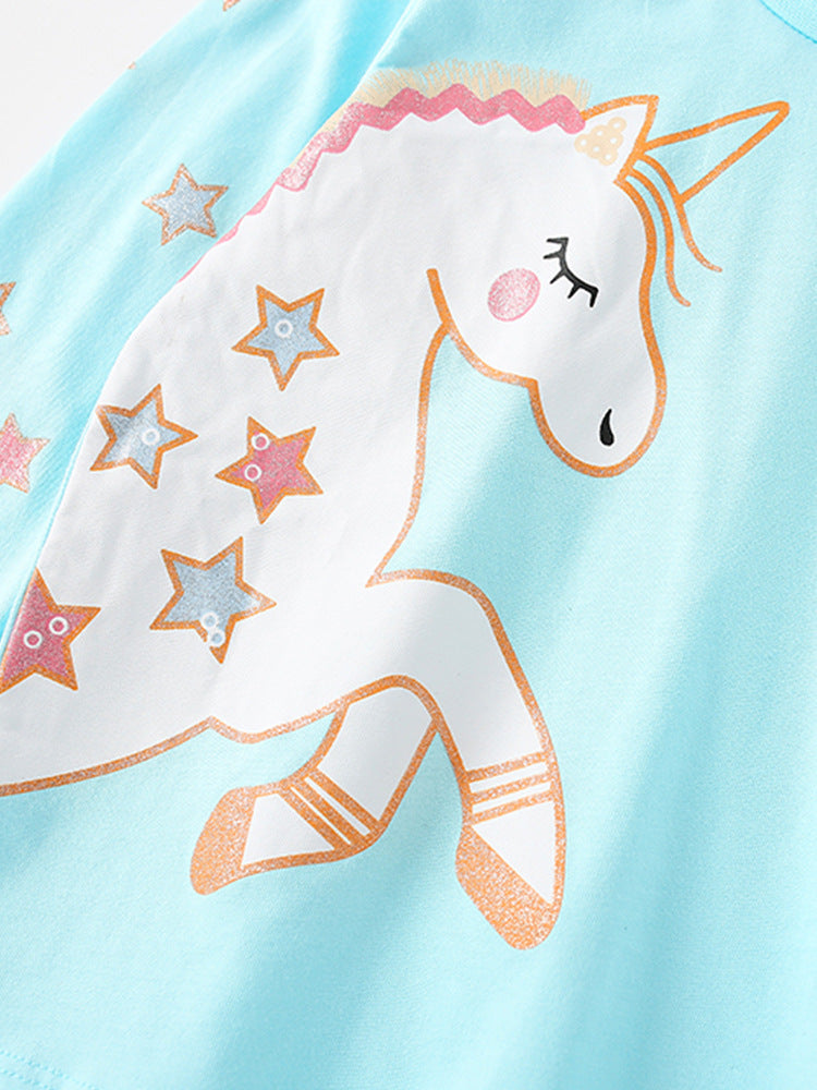 Girls Cartoon Unicorn Printing Design Top And Pattern Pants Set